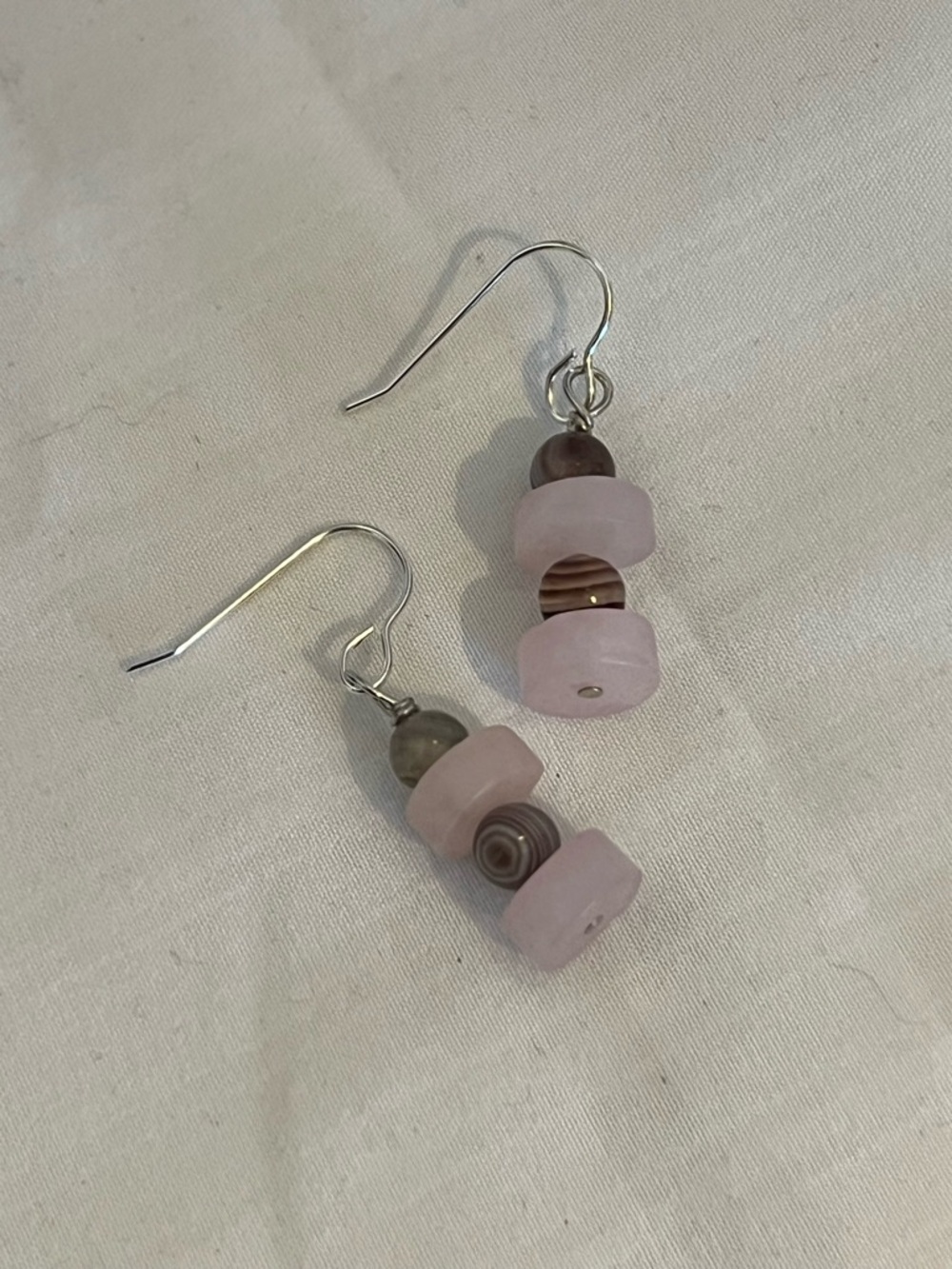 Pink Stacked Bead Drop Earrings with Silver Hooks